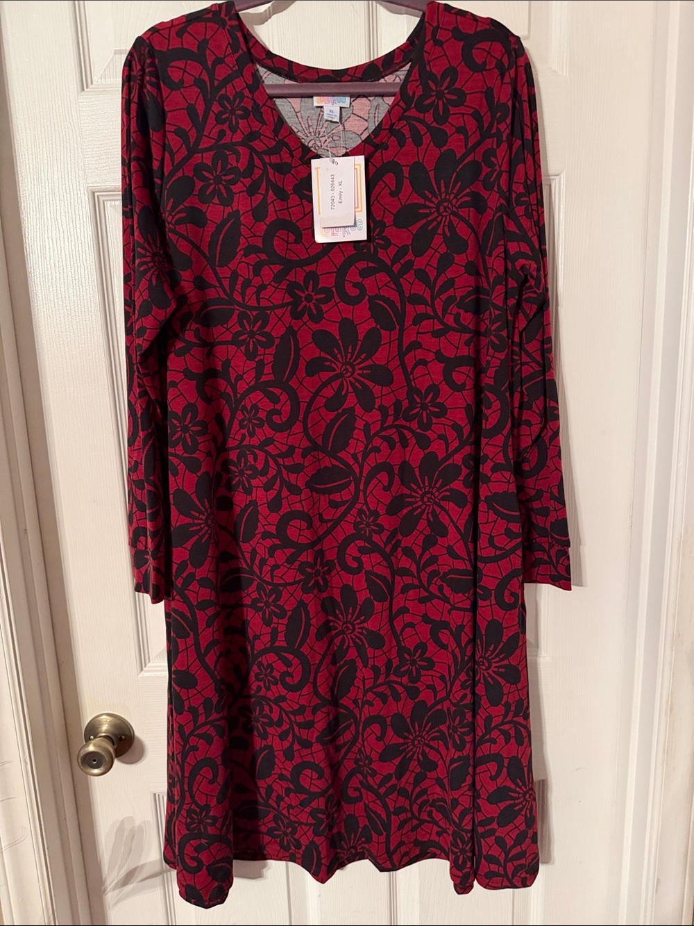 LuLaRoe Emily dress, Burgundy background & black floral pattern, Large, NEW
